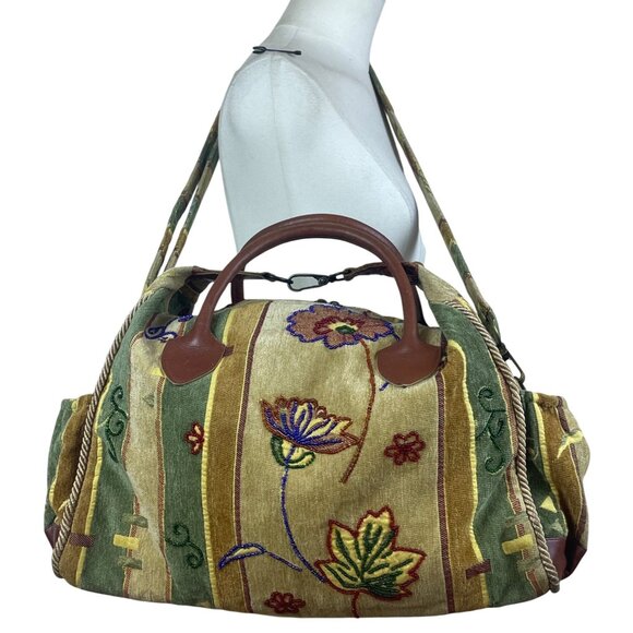 Floral Embroidered Duffle Bag Vintage Green Pastel Boho Large Travel Handbag - Picture 1 of 7